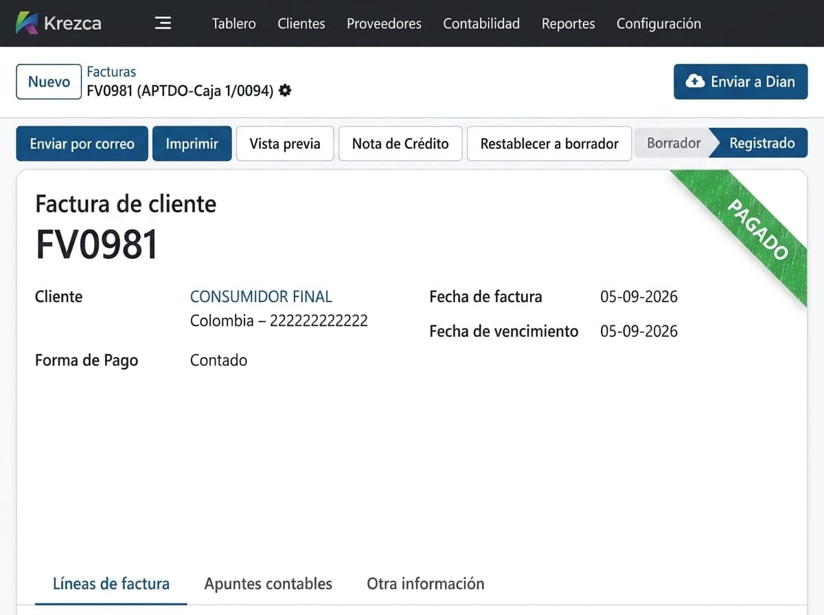 Detalle de factura electrónica en Krezca